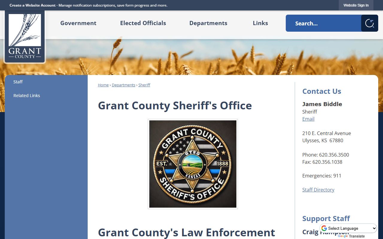 Grant County Sheriff page for arrest and jail record routing