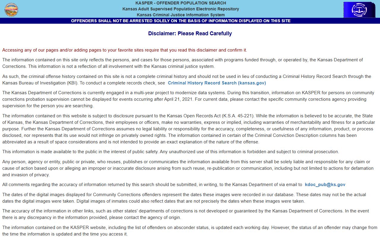 KDOC KASPER disclaimer for state custody and supervision limits