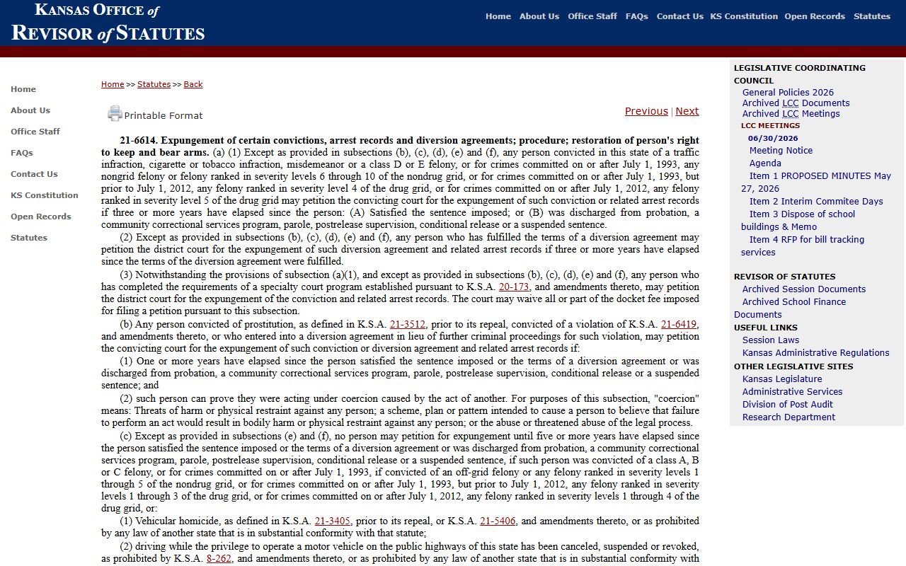 Grant County criminal court records Kansas adult expungement statute