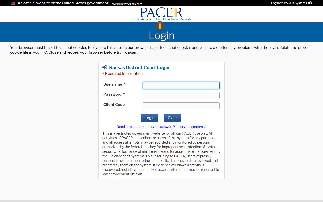 Grant County District Court separate federal CM ECF login for Kansas