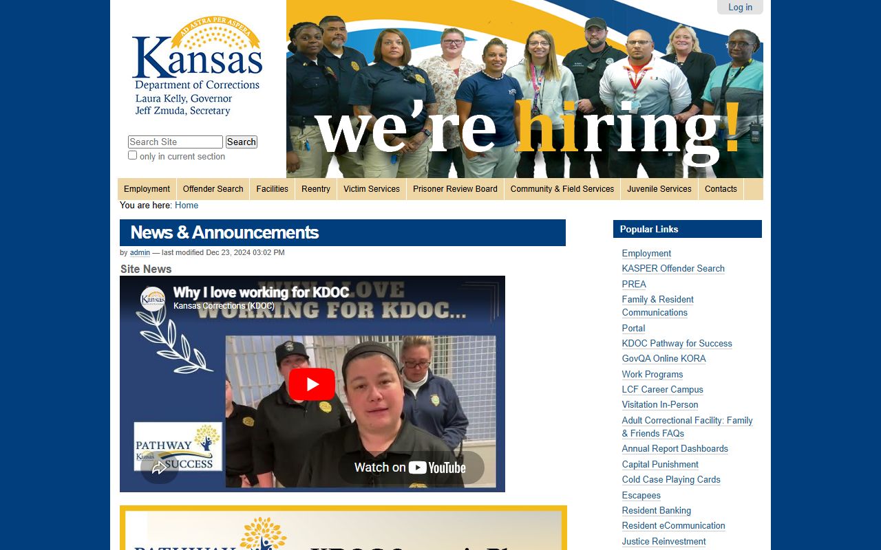 Kansas Department of Corrections source for state inmate and supervision records