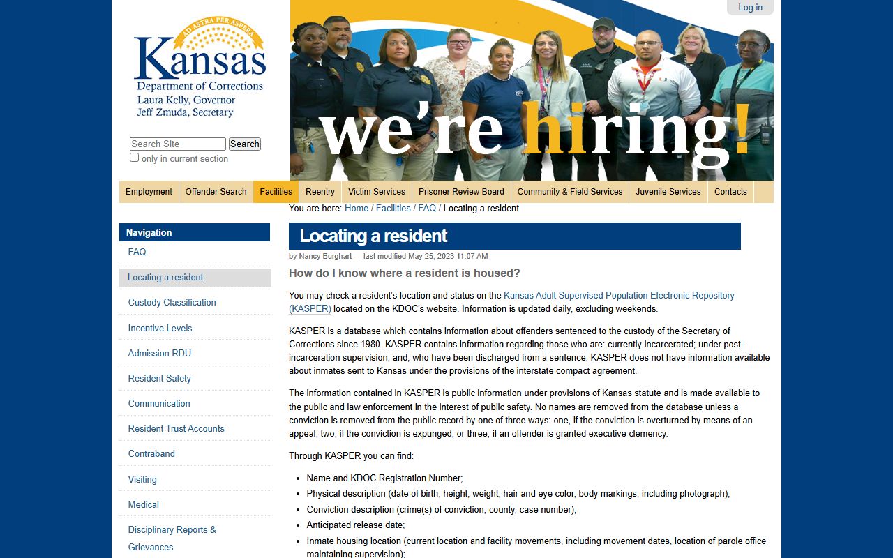 KDOC locating a resident source for state custody search fields