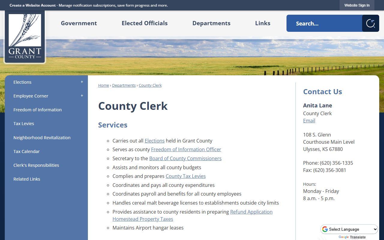Grant County court records County Clerk page
