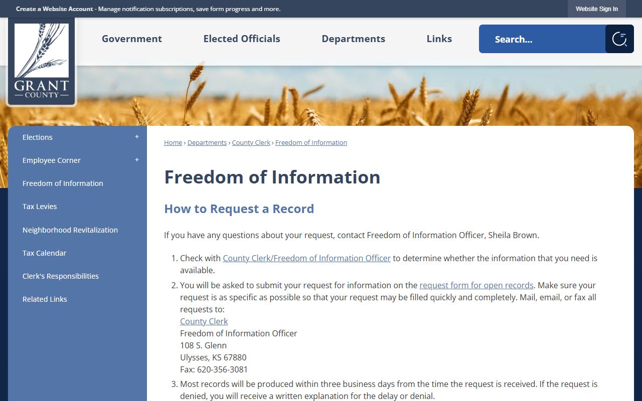 Grant County court records freedom of information page