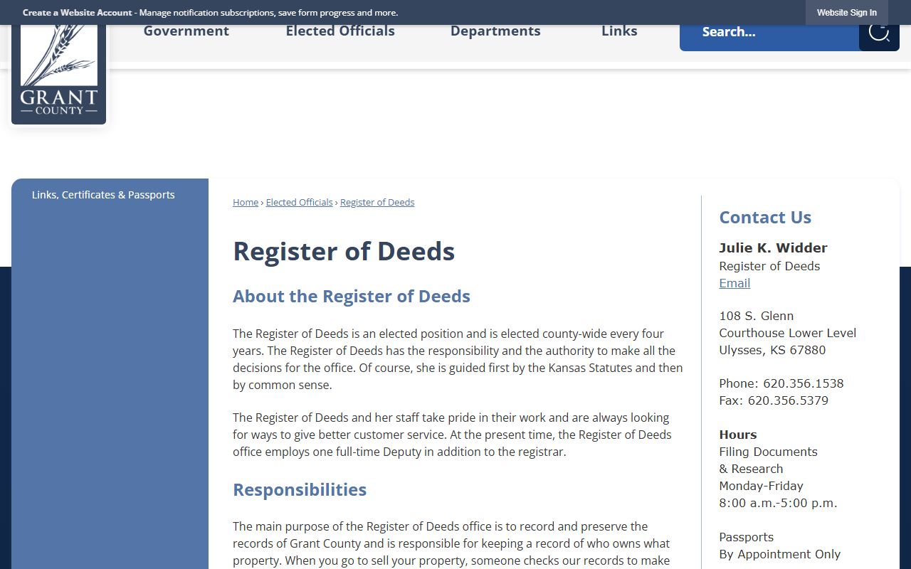Grant County probate records Register of Deeds property record source