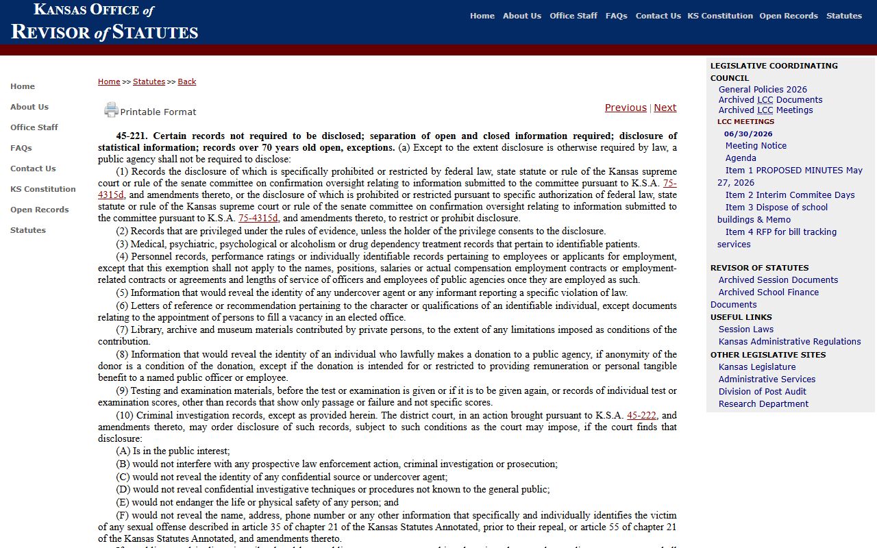 Kansas open-records exemption source for warrant and investigation records